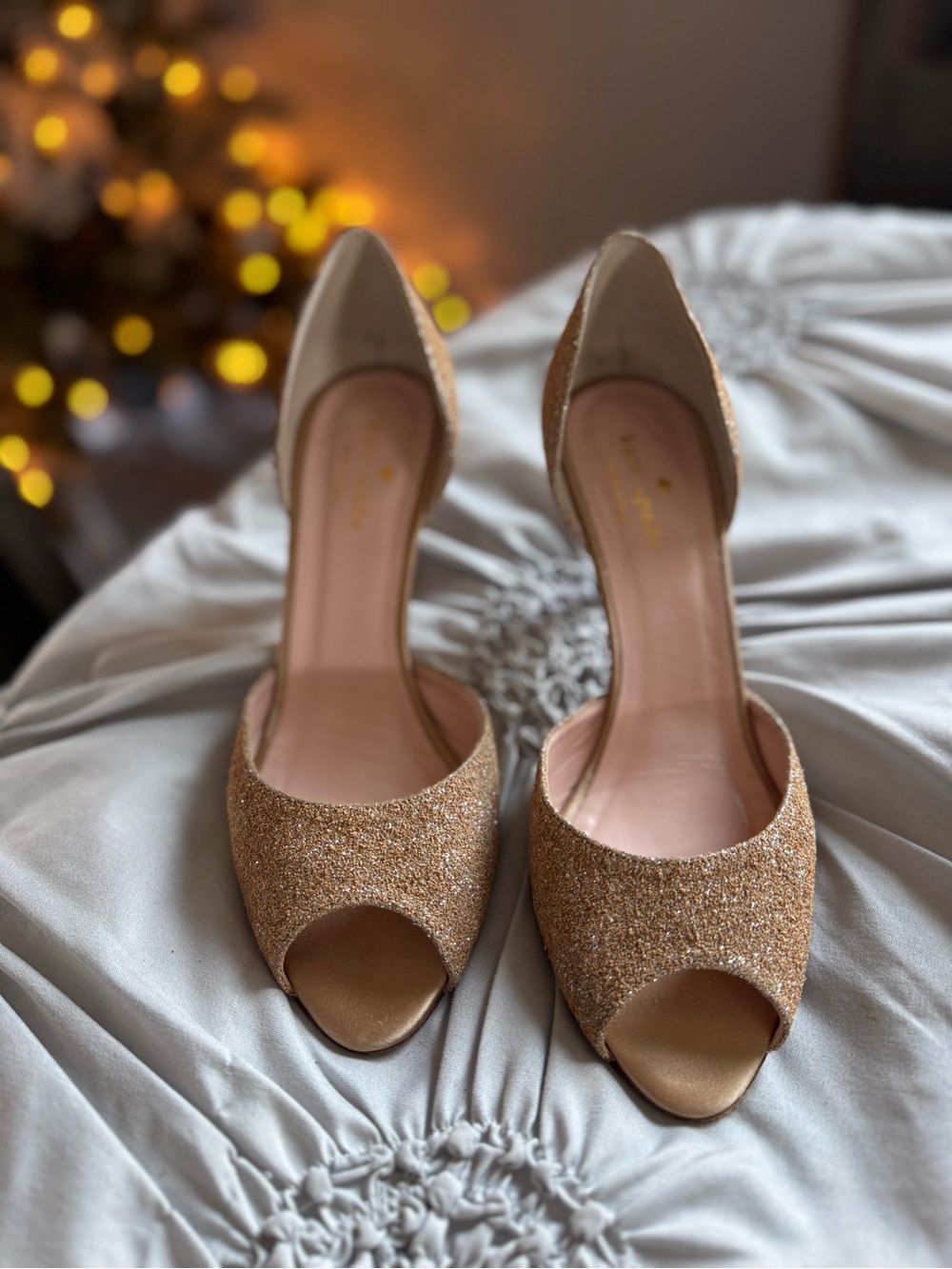 kate spade Glittered Gold Peep-Toe Heels